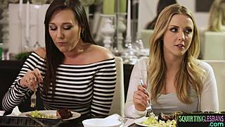 Squirting Lesbian Fingered Under The Table!