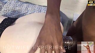 Two big black men fuck the slutty wife on the cuckold's bed, wrecking her ass for the cuck's small dick part 2
