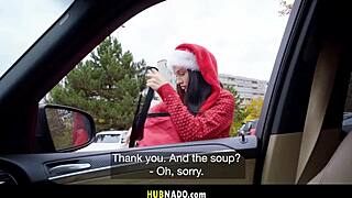 Big Cock Tip For Xmas Delivery Girl, Brunette Takes Monster Cock Blowjob And Pussy Fucking Outdoors