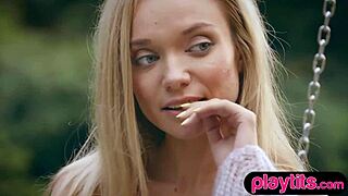 petite blonde russian milf strips outdoors