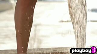 stunning big tits milf poses her sexy curves outdoors before stripping naked