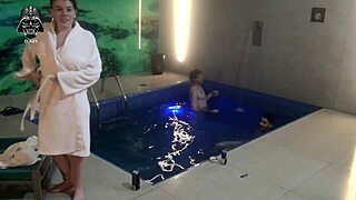 whoa threesome madness with big tit blonde brunette and hubby at motel pool bareback domination!! 🔥💦