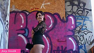 jeny smith hikes up her miniskirt outdoors flashing bubble butt pussy then fingers to orgasm