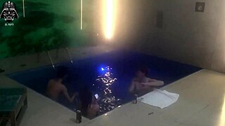 whoa threesome madness with big tit blonde brunette and hubby at motel pool bareback domination!! 🔥💦