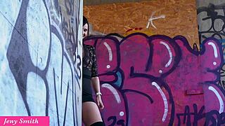 jeny smith hikes up her miniskirt outdoors flashing bubble butt pussy then fingers to orgasm