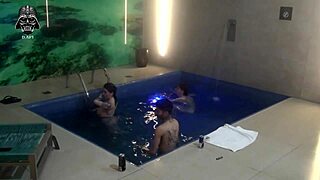 whoa threesome madness with big tit blonde brunette and hubby at motel pool bareback domination!! 🔥💦