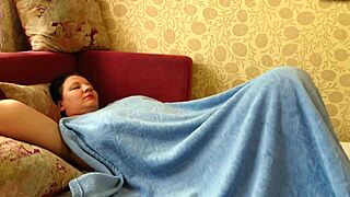 waking up to this plump milf fingering her big natural tits and shaved pussy till orgasm