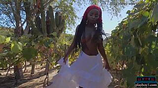 Ebony African MILF model Shasta Wonder with big natural tits strips outdoors. She undresses slowly revealing her elegant black body in softcore display