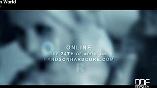 Blonde hottie drops shorts heels fingers shaved pussy fake tits solo