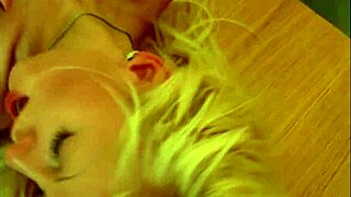 babe grabs her blonde tits and fingers wet pussy hard in kitchen solo