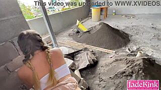 Naughty couple handcuffed outdoors fucks rough doggystyle at construction site till facial cumshot