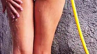 Risky backyard nude shower spied by neighbor leads to his thick cock creampie in me