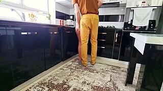 Real Horny Amateur Brunette Couple Quickie Doggystyle Fuck In Kitchen Pov Moaning Orgasm Tanned Legs