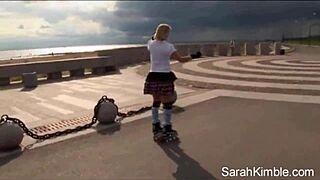 Sarah Kimble rollerblades naked in park showing closeup outdoor view