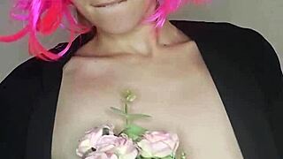 next door housewife in kitty mask and corset flashes natural big tits with toys on bed