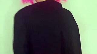 next door housewife in kitty mask and corset flashes natural big tits with toys on bed