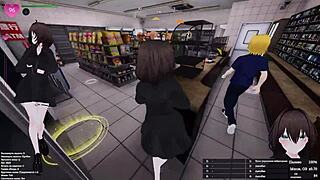 Exhibitionist anime girl in store flashes her huge tits and squirts everywhere during public monster cock banging