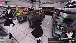 Exhibitionist anime girl in store flashes her huge tits and squirts everywhere during public monster cock banging