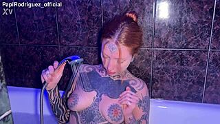 Hot tattooed submissive slut Katse takes wild anal creampie and cumshot in bathtub.