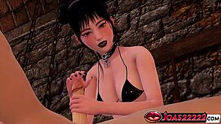 Goth anime Haruka teases dick glans with tongue in sloppy 3D blowjob cumshot