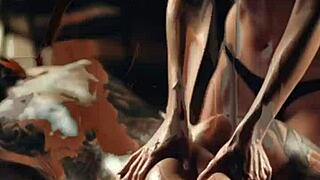 Tattooed skin glows during intense massage session