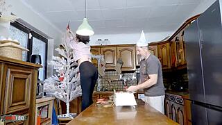 check out emmita's big tits bouncing during xmas kitchen fuck ending in hard anal