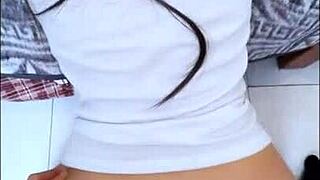 Skinny student morra kneels as guys stuff her full of cock in amateur vid