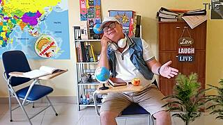 Who rips clothes off college girl's big pussy lips in stockings for teacher's tight shaved pussy lesson?!