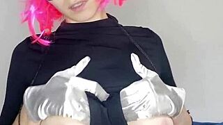 I get so excited flashing my big natural tits in kitty mask corset gloves stockings with dildo play