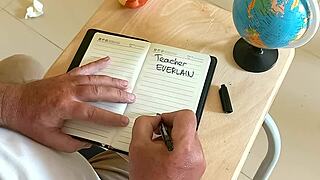 Who rips clothes off college girl's big pussy lips in stockings for teacher's tight shaved pussy lesson?!