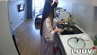 luuv cooks topless dinner flashing her natural tits on home cam