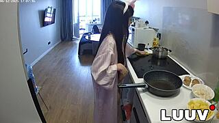 luuv cooks topless dinner flashing her natural tits on home cam