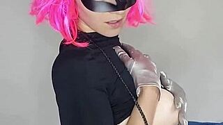 I get so excited flashing my big natural tits in kitty mask corset gloves stockings with dildo play