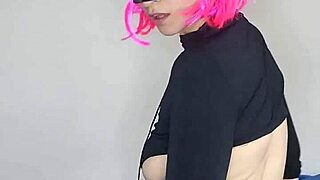 I get so excited flashing my big natural tits in kitty mask corset gloves stockings with dildo play