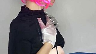 I get so excited flashing my big natural tits in kitty mask corset gloves stockings with dildo play