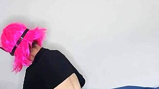 I get so excited flashing my big natural tits in kitty mask corset gloves stockings with dildo play