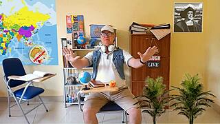 Who rips clothes off college girl's big pussy lips in stockings for teacher's tight shaved pussy lesson?!