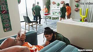 Game Day Turns Into Muscular Brunette's Deepthroat Facial Frenzy