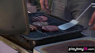 bbq party turns into wild threesome with busty milf samantha licking cock