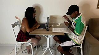 he ditches studying to fuck his buddy's tight teen brazilian ass hard