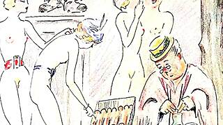 vintage retro drawings showcase hairy erotic scenes from antique era