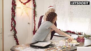 oh fuck yes horny blonde babes dive into steamy lesbian christmas pussy licking and moaning!