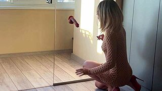 Blonde milf student squirts hard riding huge cock in glasses heels