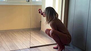 Blonde milf student squirts hard riding huge cock in glasses heels