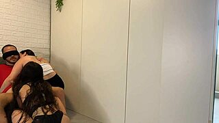 wife hides her hot friend in the closet for a blindfolded surprise threesome ride on hubby's big cock