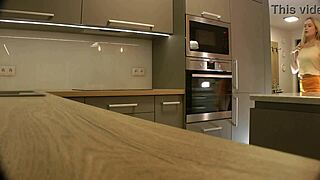 check out this long-legged blonde coed's miniskirt barely hiding ass in heels 🔥 kitchen tease!