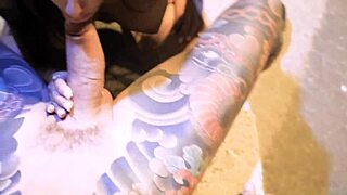 Tattooed Hottie Deepthroats Before Street Pounding