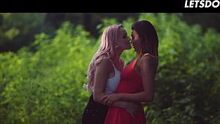 Stepsisters Vanessa Decker and Angel Wicky sneak into forest to lick finger moist pussies outdoors