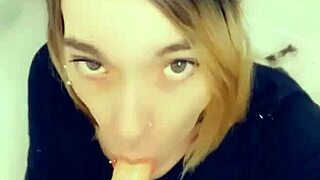 Adorable Shemale Slut Kneels for Horny Cock Worship