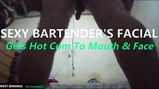 Sexy bartender takes facial while Sandy gives quick suck blowjob and tight pussy fuck